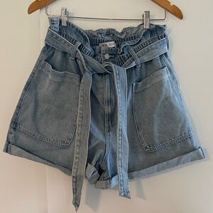Zara Light Blue High-Waisted Paper Denim Shorts Size 10